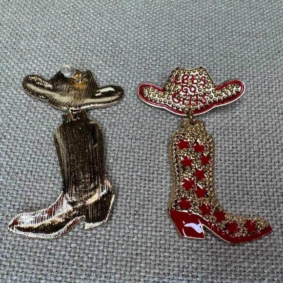 Western "Let's Go Girls" Rhinestone Earrings (Red & Gold, Cowboy, Bachelorette) - Picture 5 of 8